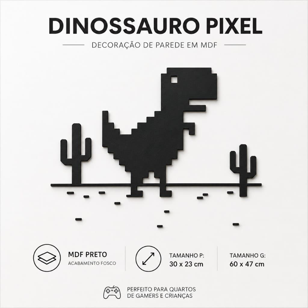 Decoração de Parede em MDF Preto – Dinossauro Pixel