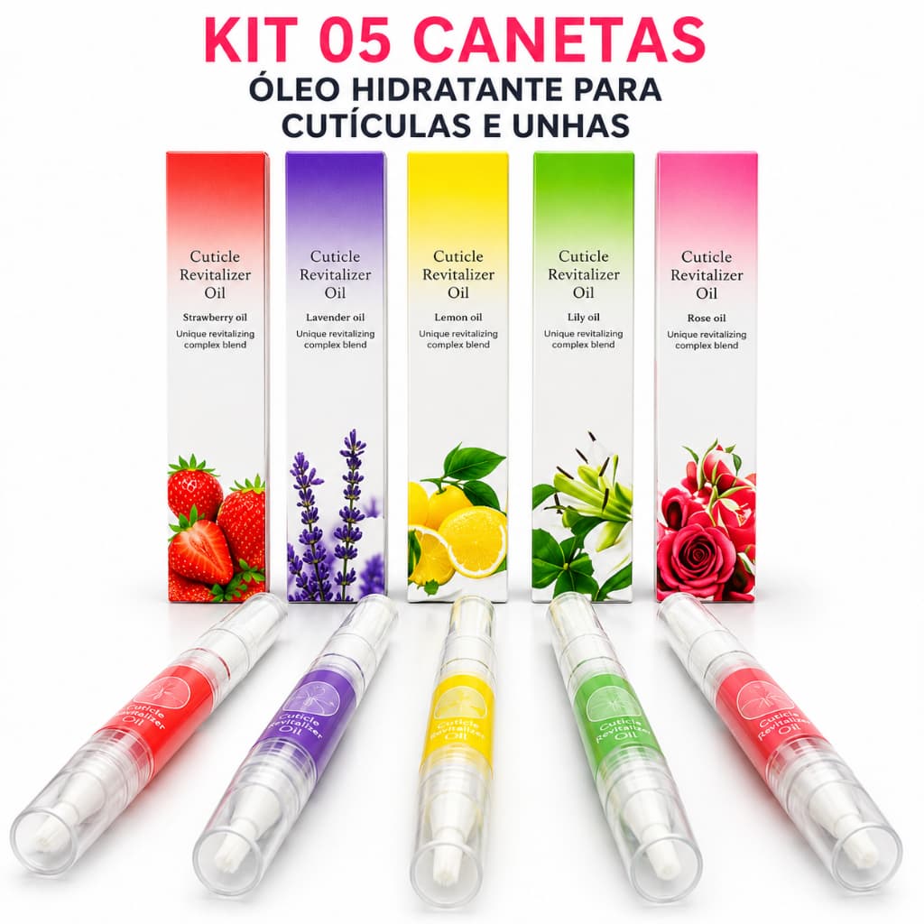 Caneta Óleo Cutículas Kit 5 Hidratante Unhas Profissional Fortalece Hidrata Unhas