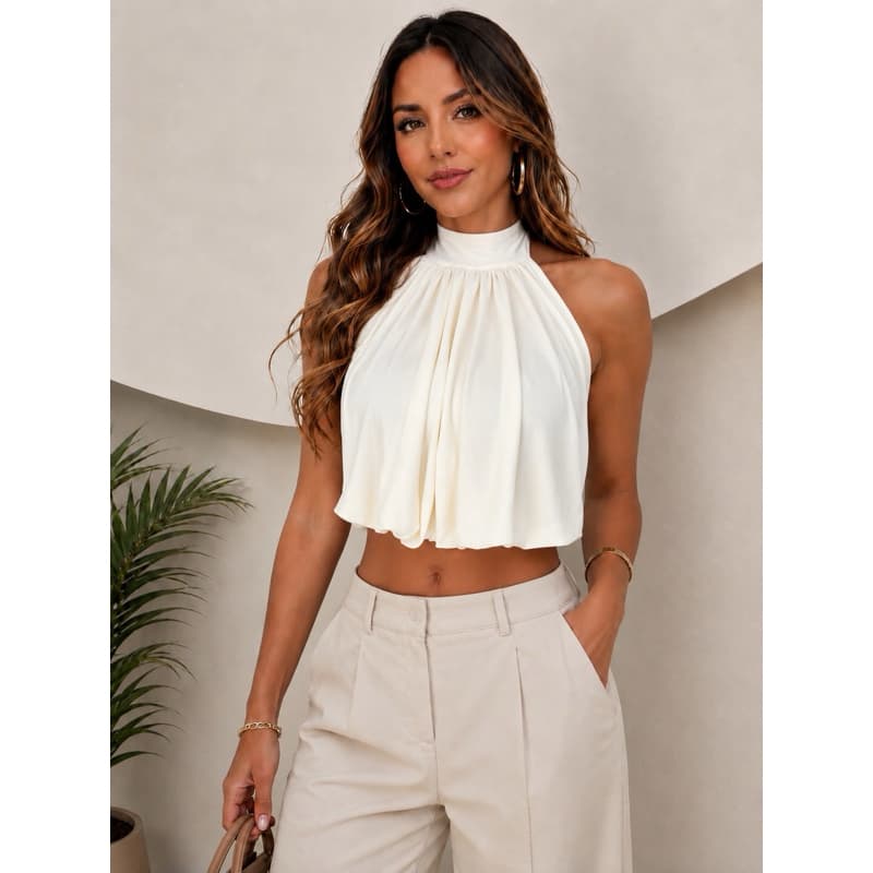 Cropped Feminino Frente Única Gola Alta em Suplex Costas Abertas Tamanho Único Elegante Casual