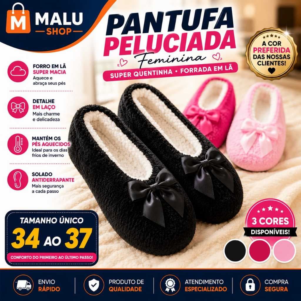 Pantufa Feminina Inverno Pelúcia Antiderrapante Sapatilha Super Quentinha Macia Conforto 34 ao 37 Conforto Para Os Pés
