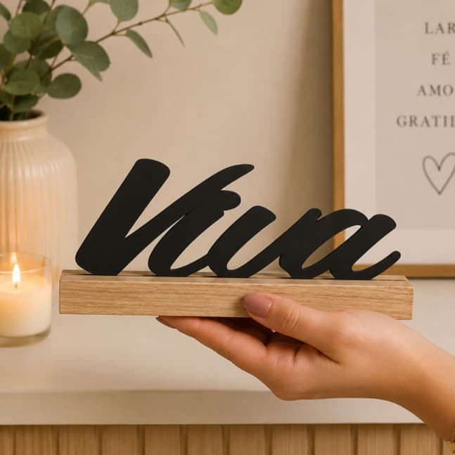 Palavra Decorativa Viva MDF com Base de Madeira 20cm | Decoração Sala Quarto Escritorio