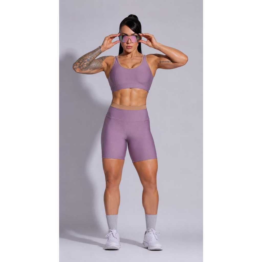Conjunto Fitness Feminino Top Alça Larga + Bermuda Cintura Alta Lavanda Premium