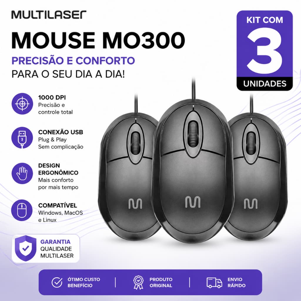Kit 3 Mouse Com Fio Multi MF100 USB Óptico 1000 DPI Plug & Play Original Óptico Simples Básico Multilaser Valor Atacado