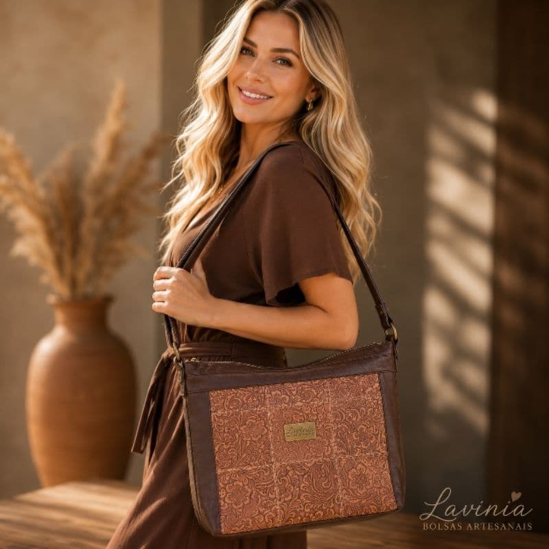 Bolsa Feminina Transversal Artesanal Marrom Floral Em Patchwork Lavínia