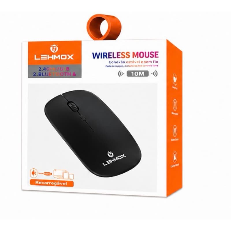 Mouse Sem Fio Dual Mode Bluetooth e 2.4Ghz Bateria Recarregável Led RGB Sensor 1200 DPI Ergo Lehmox