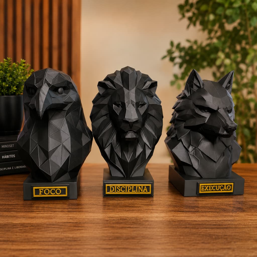 Kit 3 Estátuas Low Poly Leão Lobo Águia Decoração Escritório Impressão 3D Motivacional Disciplina Foco Execução