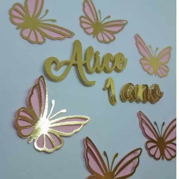 topo Bolo luxo aniversário nome personalizado borboletas dourado rosa jardim encantado