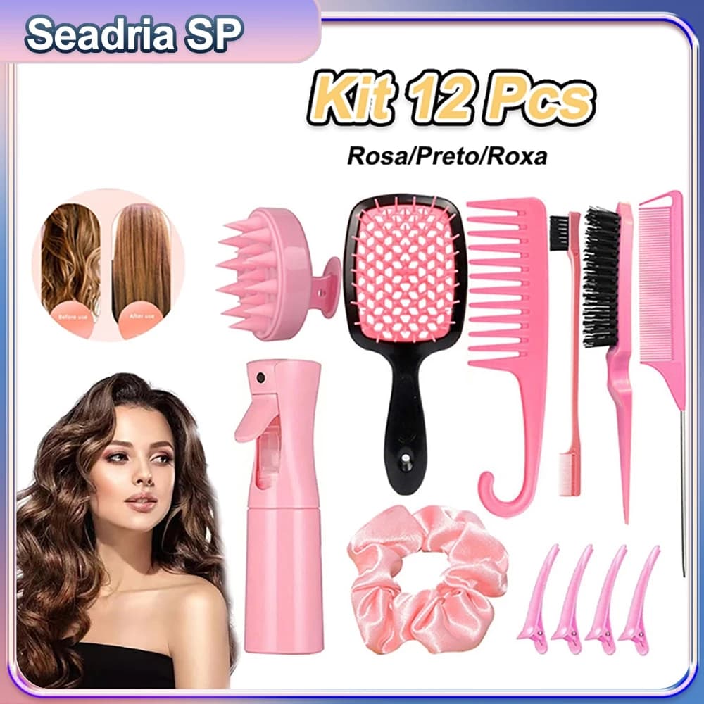 Seadria SP Kit 12 Peças para Cuidados com Cabelos Antiestático com Ferramentas Profissionais e Cerdas de Alta Qualidade