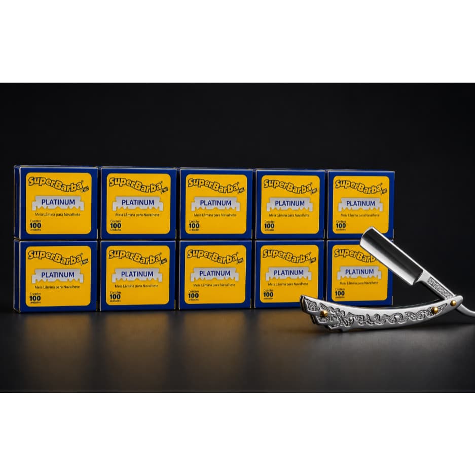 Lâmina De Barbear Super Barba Amarela PLATINUM Caixa C/100 Metades + Navalhete Navalha Barbear Profissional Super Barba