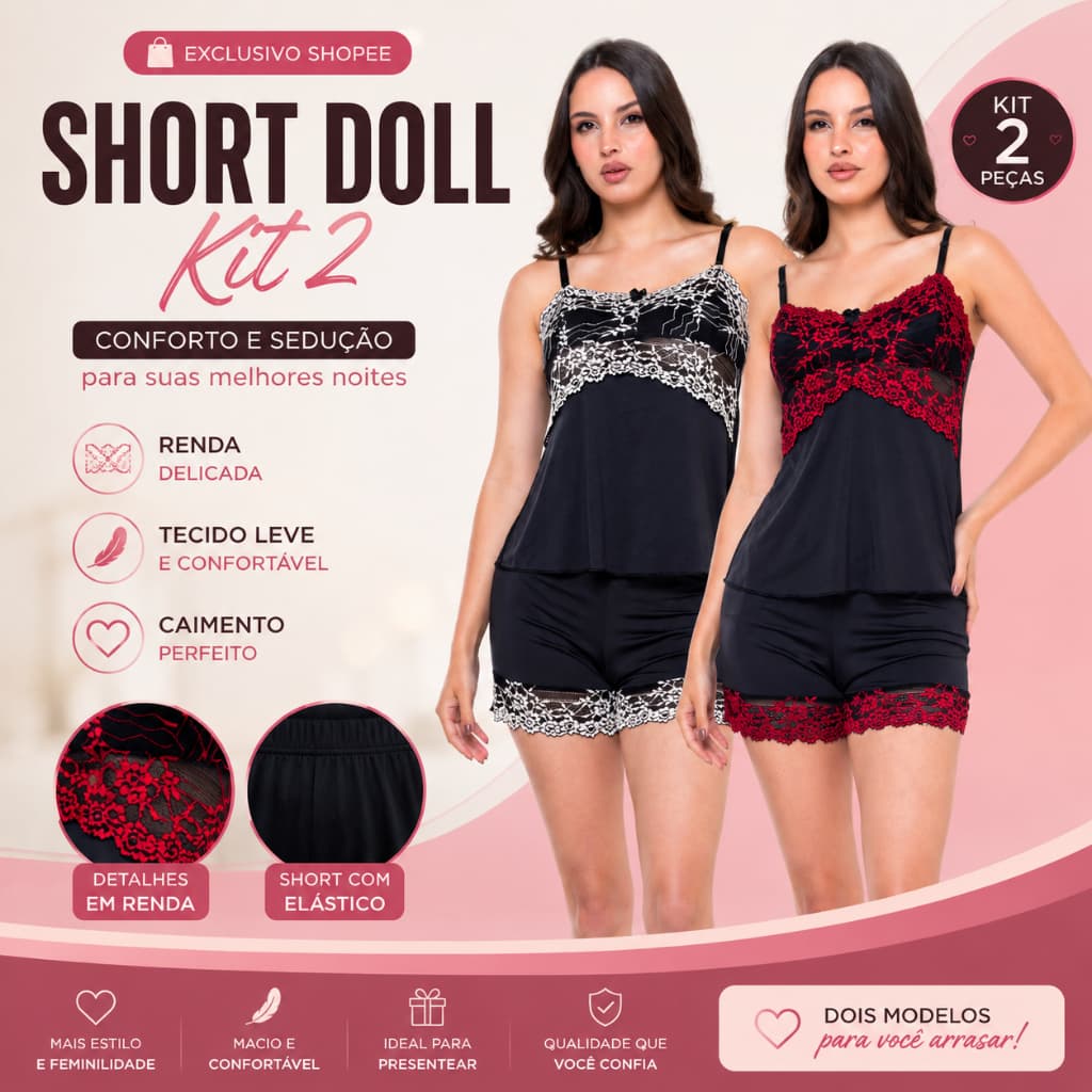 Kit 2 Baby Doll Feminino de Renda Liganete Premium Short Doll Pijama Sensual Confortável Luxo