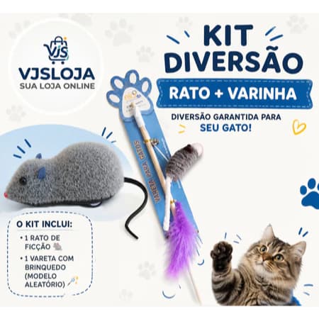 Kit com 1 Varinhas para Gatos Modelos Diversos com Guizo Interativo e 1 Brinquedo para Gatos Ratinho de Fricção