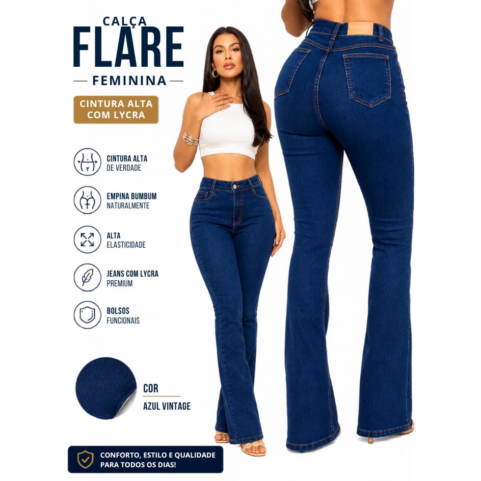 Calça Flare Feminina Jeans Cintura Alta com Lycra Boca de Sino Modeladora para Trabalho Sonhare Jeans