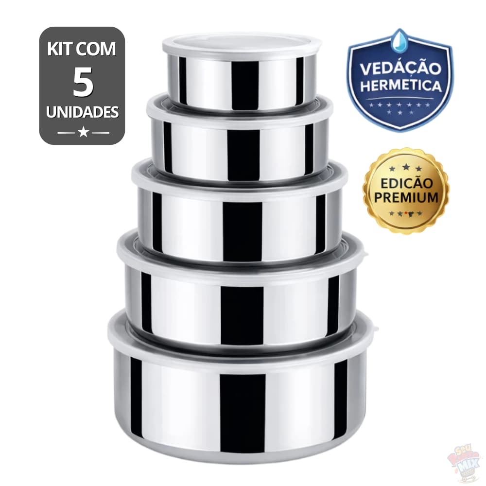 Potes Herméticos Inox com Tampa – Redondos Empilháveis para Mantimentos e Marmitas
