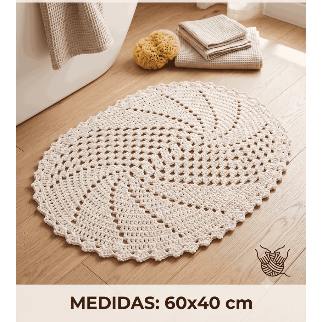 Tapete De Crochê Barbante Oval Cru 60x40cm Quarto e Banheiro