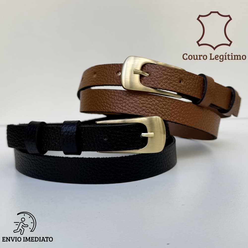 Cinto feminino COURO LEGÍTIMO 2cm fivela dourada fosca