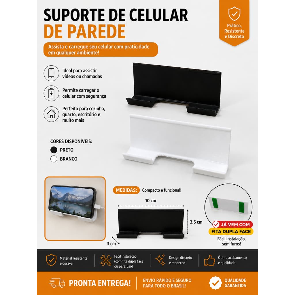 Suporte de Celular de Parede com Fita Dupla Face – Branco ou Preto