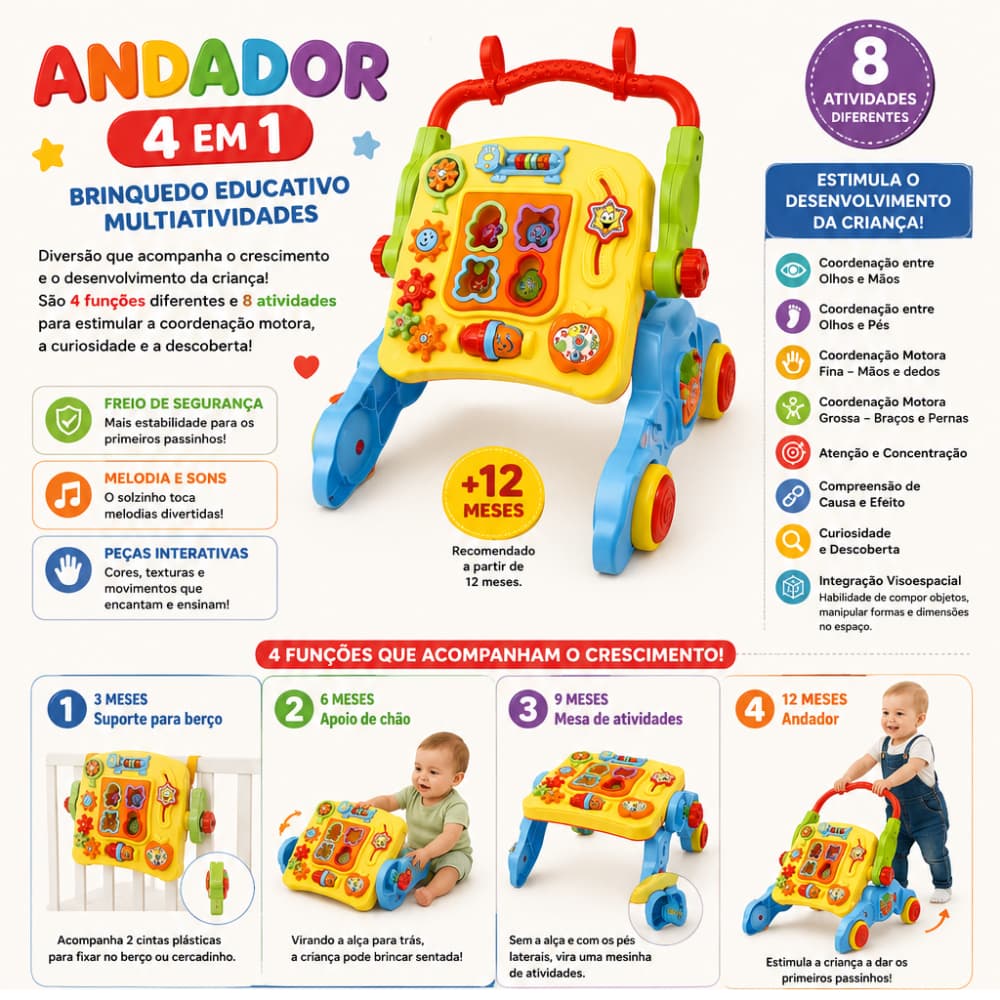 Andador E Mesa Didático 4 Em 1 Com Som