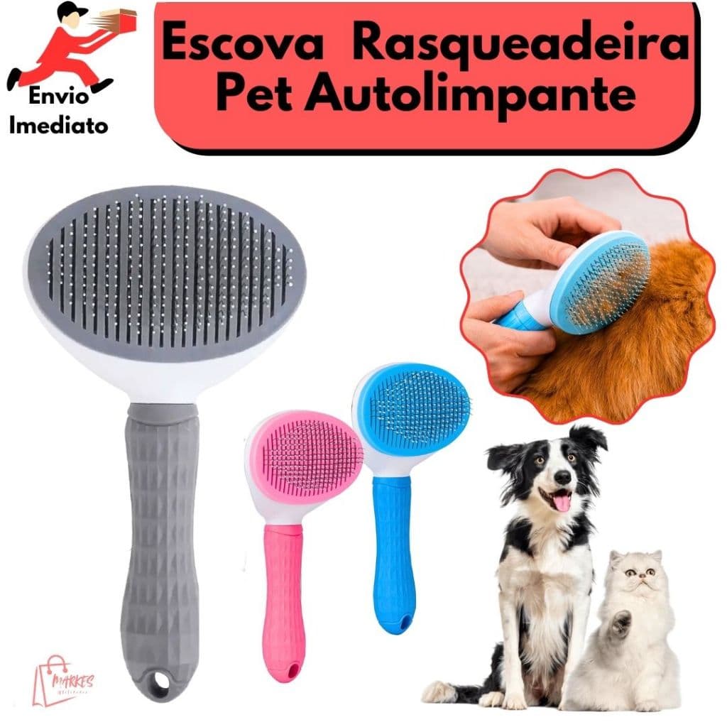Escova Rasqueadeira Pet Removedora de Pelos Cães e Gatos Com Botão Autolimpante Cuidados Com Seu Pet