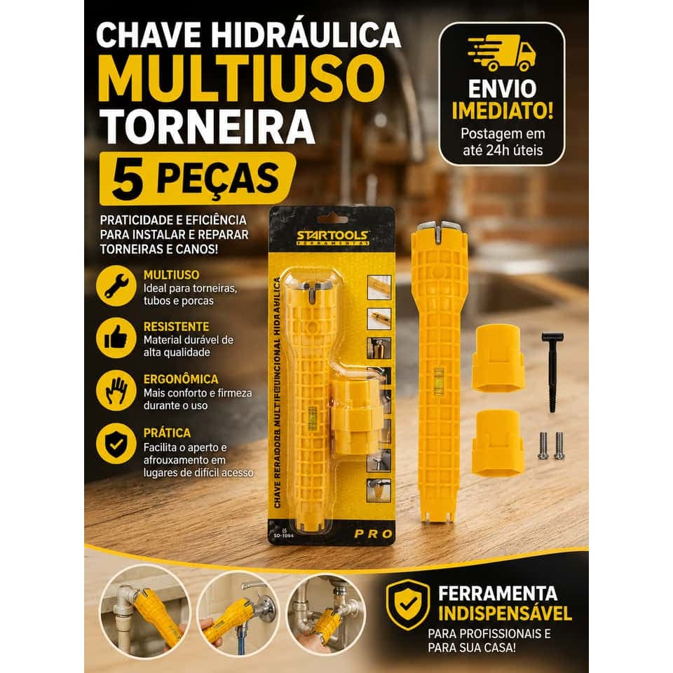 KIT Chave Hidráulica Multiuso 5 Peças para Torneira Resistente e Prática   Amarela