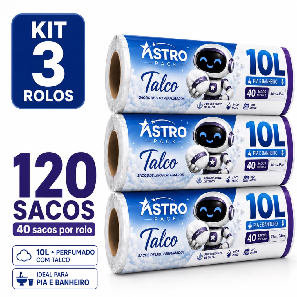 Kit 3 Saco de Lixo 10L Perfumado Talco 120 Unidades Anti Odor Ideal Pia Banheiro e Cozinha