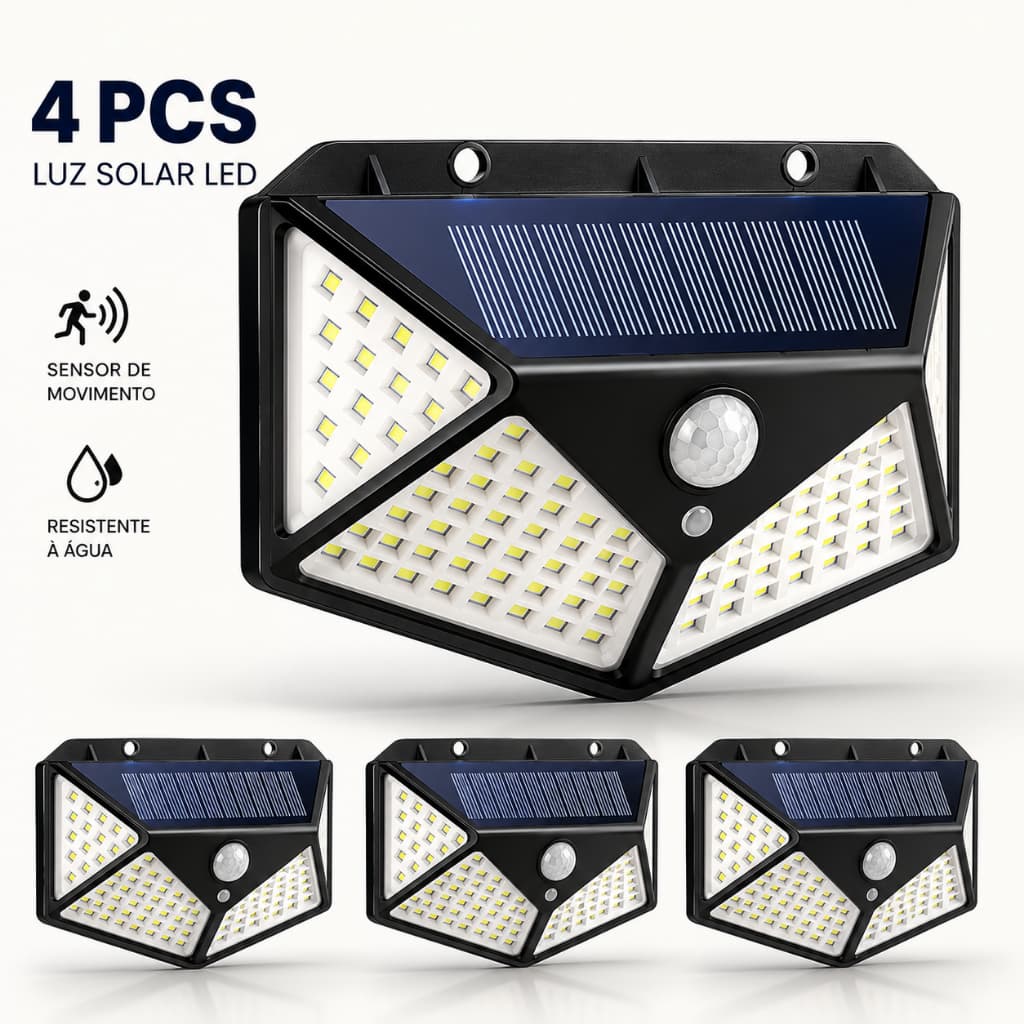 Luminária Solar LED 100 LEDs Sensor de Movimento PIR IP65 Parede Externa Jardim Quintal Sem Fio