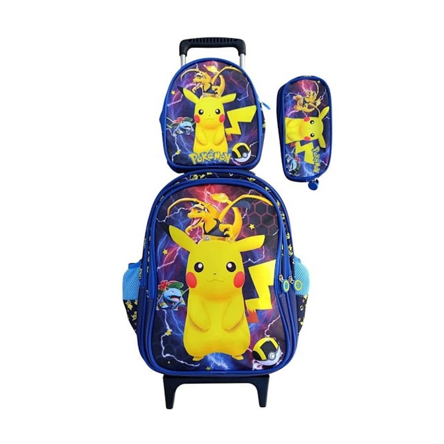 Kit Mochila Pokémon Pikachu com Rodinhas + Lancheira Térmica + Estojo Escolar