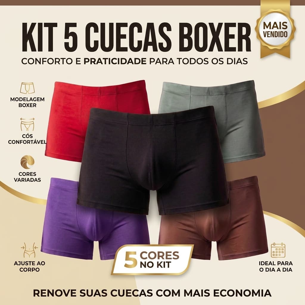 Kit 5 Cuecas Boxer Masculinas Confortáveis Cores Sortidas