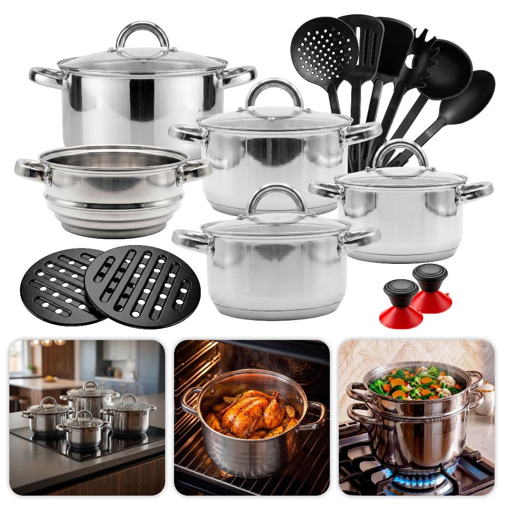 Jogo de Panelas Genebra Kit 19 Peças Em Aço Inox Para Indução Gás + Acessórios Utensílios Fundo Triplo