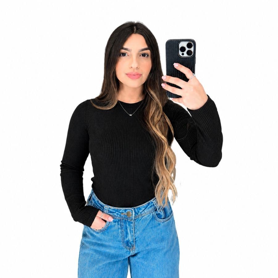 Blusa Blusinha Manga Longa Preta Canelada Blusa Cacharrel Garrafinha Modelagem Acinturada