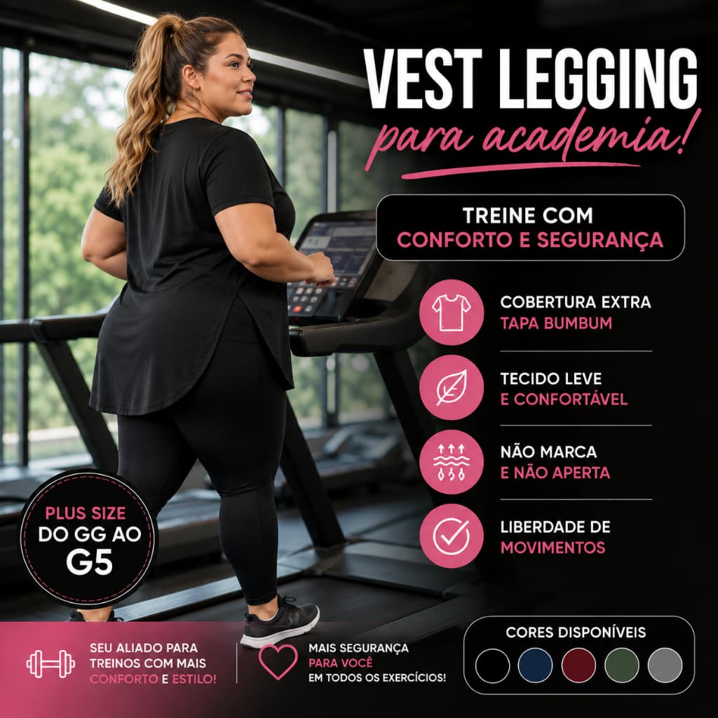 Vest Legging Plus Size Feminina Academia Camiseta Longa Tapa Bumbum Confortavel Dia a Dia GG ao G5