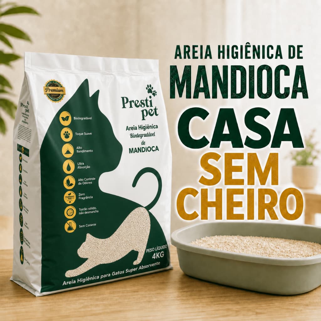 Areia de Mandioca Biodegradável 4kg Sem Poeira e Alto Rendimento Presti Pet