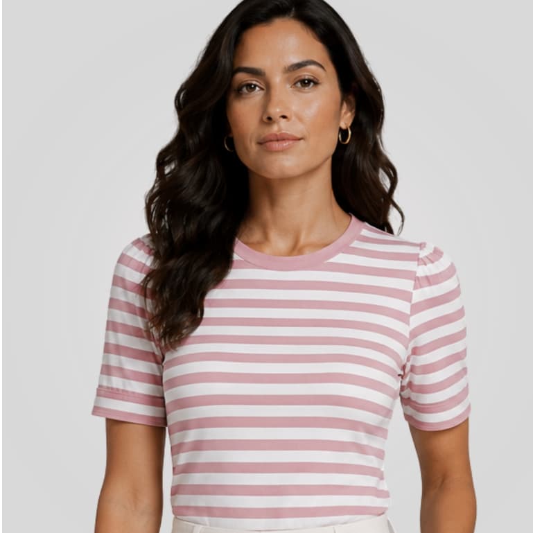 Blusa Feminina Listrada Manga Princesa Gola Redonda Confortável Casual