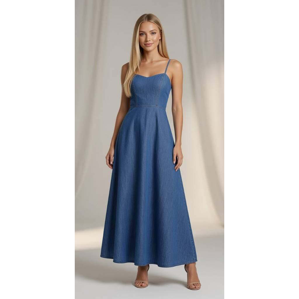 Vestido Jeans Longo De Alça Feminino Elegante