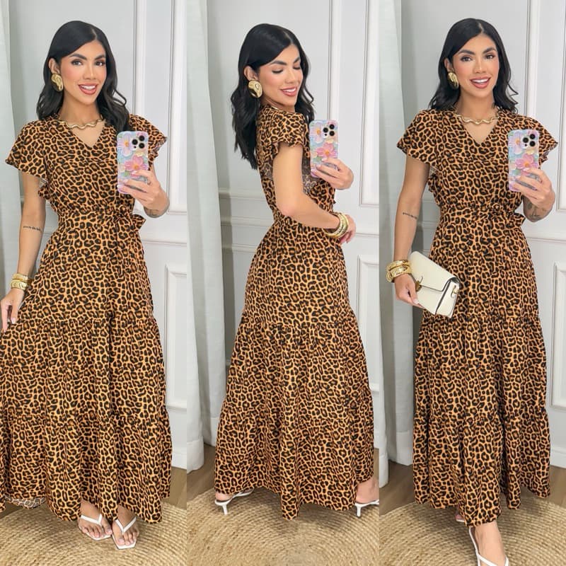 vestido longo feminina manga curta elegante estampa onça