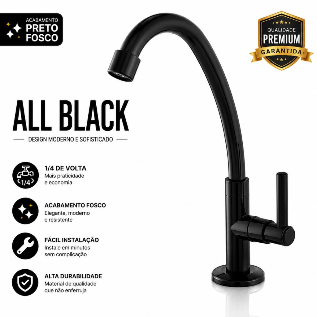 Torneira Banheiro Preta All Black ABS Luxo 1/4 Volta Para Lavatório Lavabo Bica Alta Premium Fosca