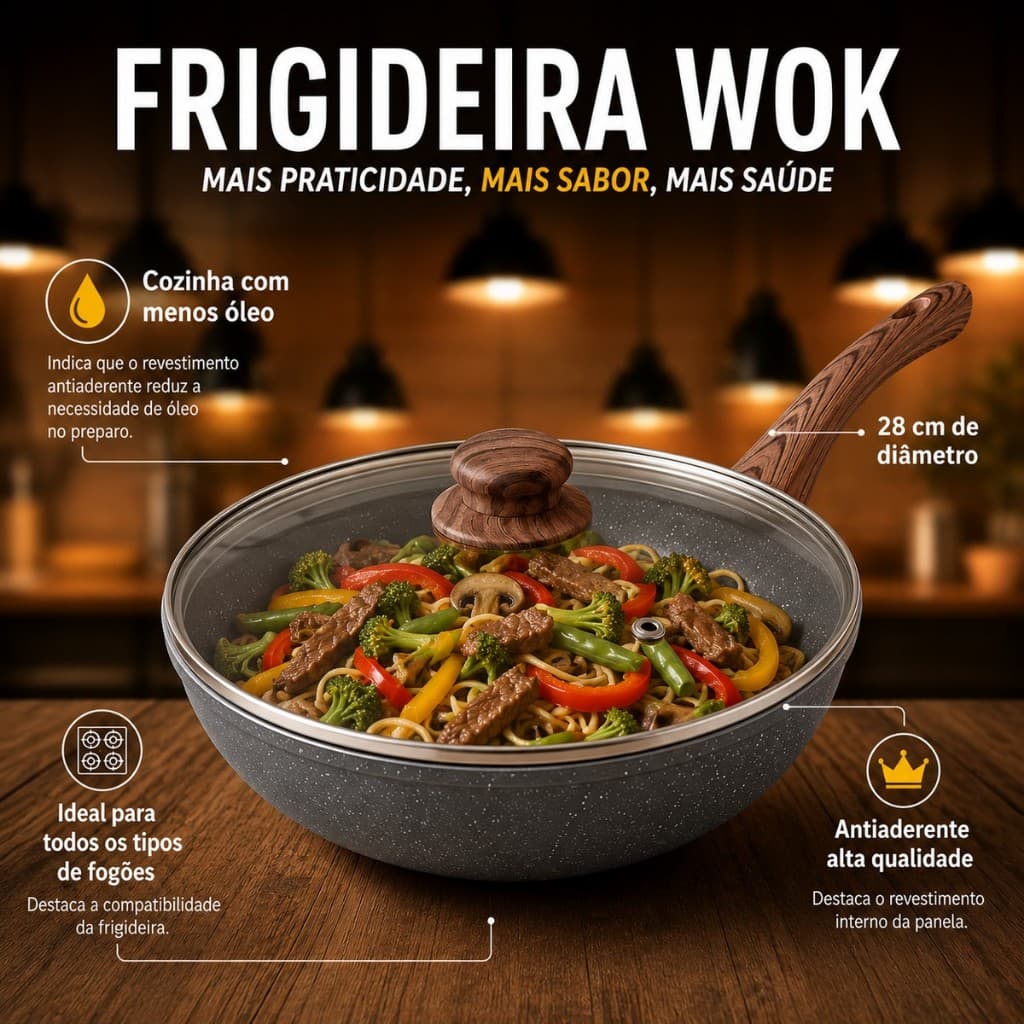 Frigideira Wok Antiaderente 28cm com Tampa vidro Nanocerâmica para Fogão Indução Gás Elétrico Preta Bege