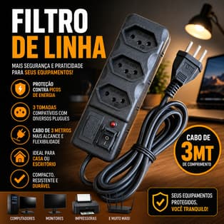 Filtro de Linha  3 Tomadas, Protetor de Energia 10a Bivolt Preto Fusível Tripolar Cabo 3MT