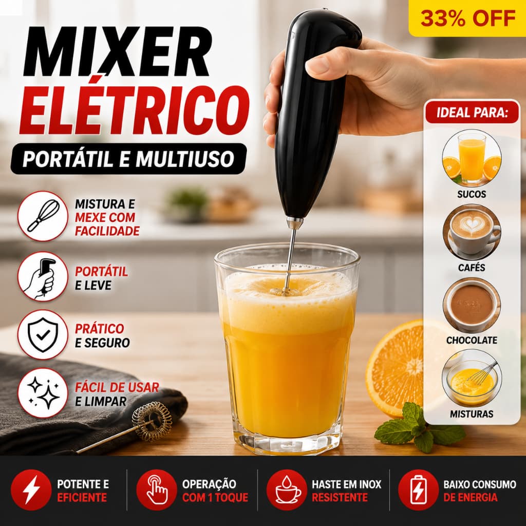 Misturador Mixer Elétrico Portátil Espumador de Leite Café Cappuccino Chocolate Bebidas
