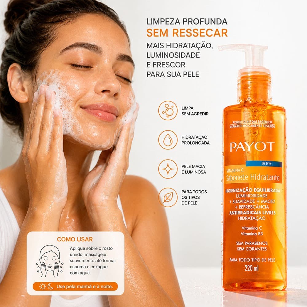 Sabone Liquido Vitamina C Payot Hidratação Prolongada Detox 220ml Limpeza Equilibrada Pele Macia e Luminosa