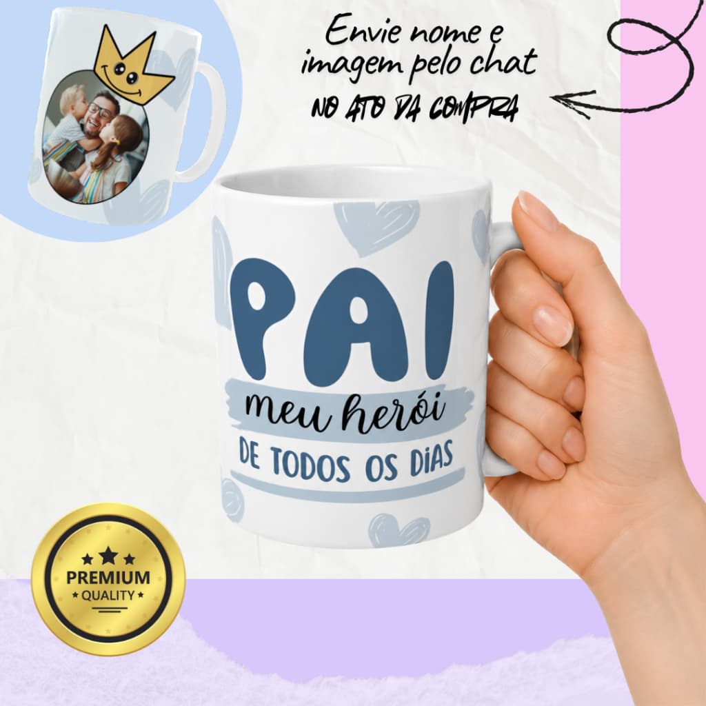 Caneca Porcelana Personalizada Pai Herói Xícara Cerâmica Personalizada Foto Presente Dia dos Pais