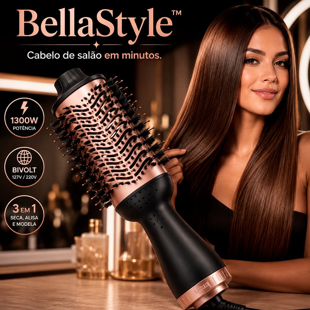 Escova Secadora BellaStyle™ 3 em 1 Bivolt 1300W Modeladora Alisadora Profissional para Cabelos