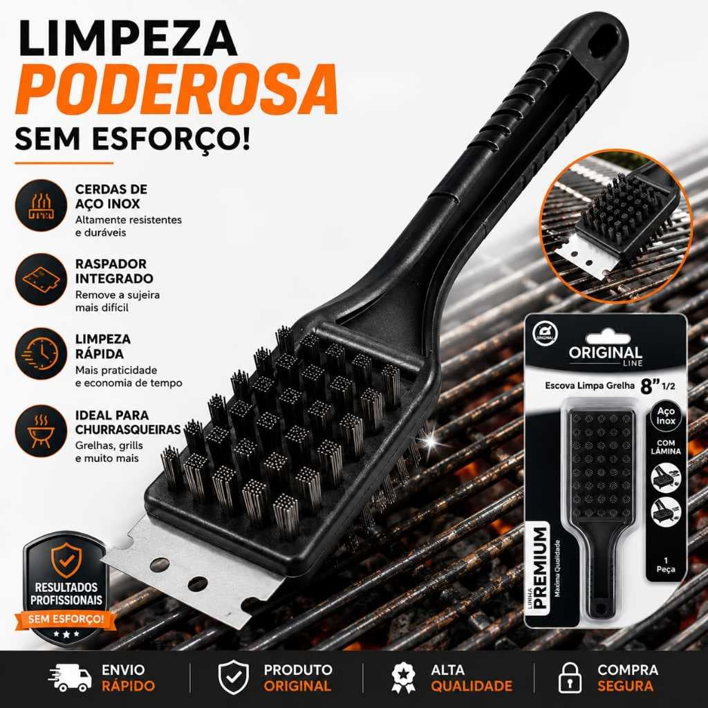 Escova Limpa Grelha 3 em 1 Churrasqueira Profissional Raspador Aço Inox Removedor Gordura Pesada Limpa Panelas Promoção