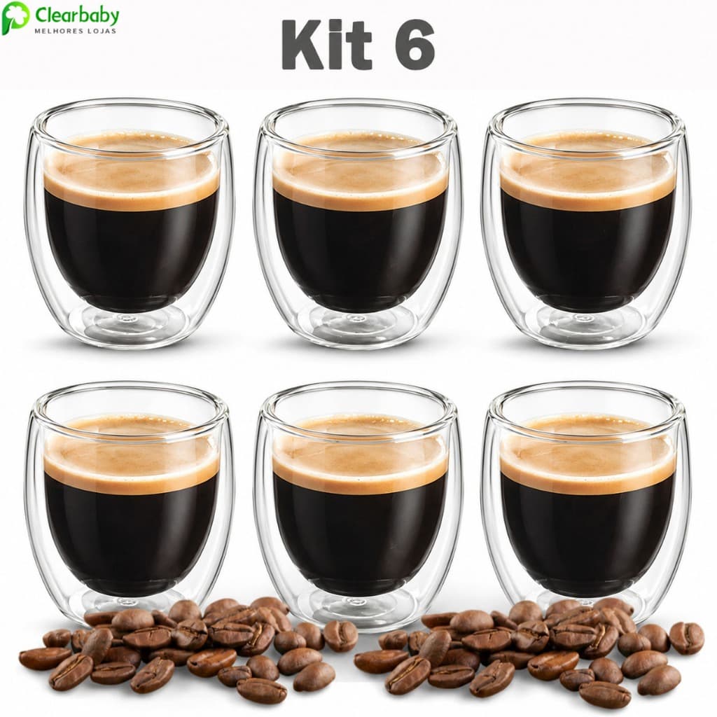 Conjunto com 6 Copos de Vidro Térmico Dupla Parede para Café Expresso 80ml