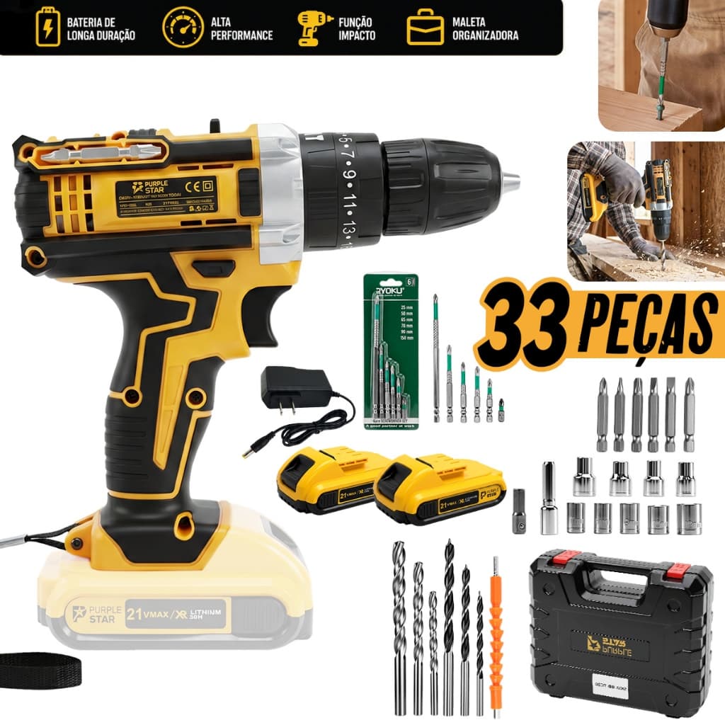 Parafusadeira Furadeira Sem Fio 21V Impacto Kit 33 Peças 2 Baterias Acessórios Magnéticos
