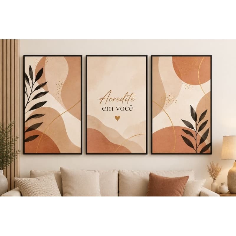 Kit Quadro Decorativo 3 Peças Abstrato Minimalista Frase "Acredite em Você" Sala Quarto Escritório Sem Moldura