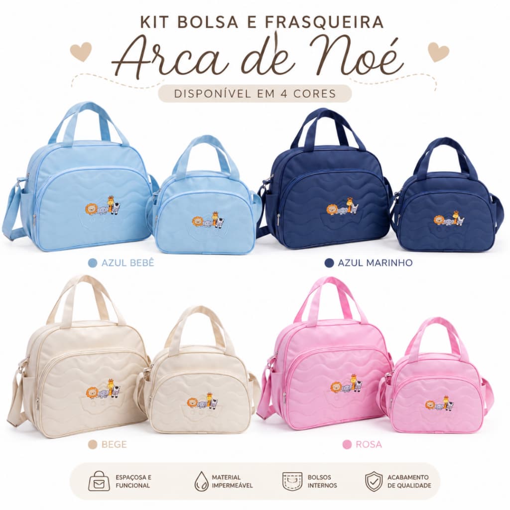 Kit 2 Bolsas para Saida Maternidade Bordadas Menino e Menina Arca de Nóe