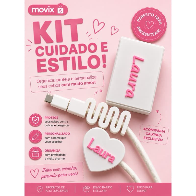 Kit Organizador de Cabos Personalizado com Nome + Protetor de Cabo + Caixinha Presente | USB-C | Lightning