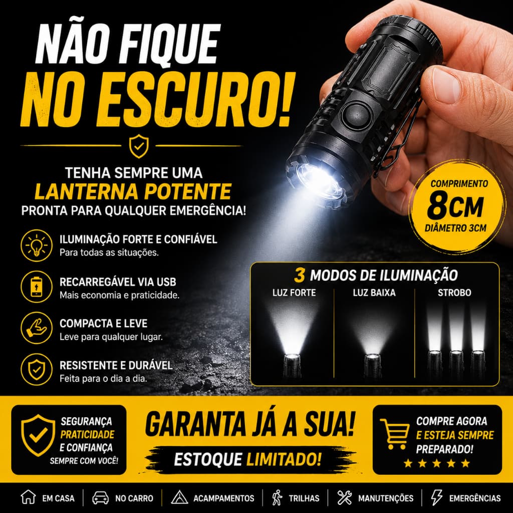 Lanterna LED Recarregável USB Mini Portátil de Bolso Alta Potência Compacta para Camping Emergência Carro