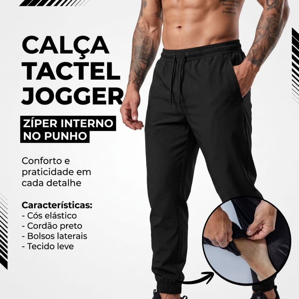 Calça Masculina Tactel Jogger Esportiva Academia Treino Elastano Com Zíper Na Barra