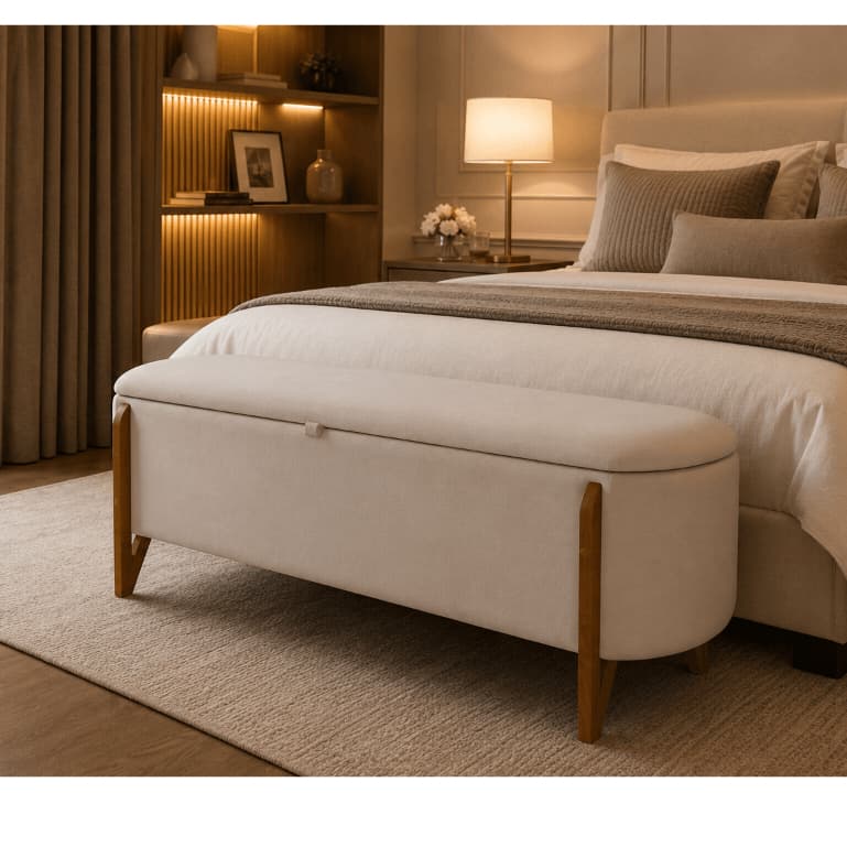 Recamier Baú Oval – Banco Organizador Estofado com Espaço Interno | Design Moderno para Quarto, Sala e Hall